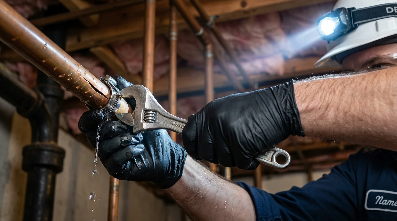 Emergency pipe clamp repair being performed by a Johns Plumbing LLC plumber in Middleburgh